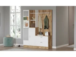 Armário de entrada Dmasiell, Entrada para cabides, Composição para átrio, Consola de armazenamento multifunções, 140x37h182 cm, Carvalho e Branco*Dmora Best