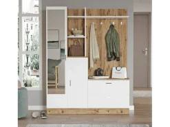 Armário de entrada Dmasiell, Entrada para cabides, Composição para átrio, Consola de armazenamento multifunções, 140x37h182 cm, Carvalho e Branco*Dmora Best