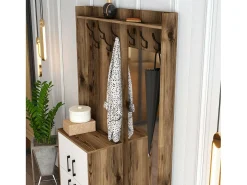 Armário de entrada Dperron, Entrada de cabide, Composição para átrio, Consola de armazenamento multifuncional, 120x35h200 cm, Nogueira e Branco*Dmora Outlet