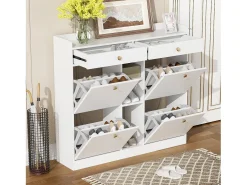 Discount Armário de sapatos 110 x 26 x 100 cm - com 4 portas - 2 gavetas - 3 compartimentos abertos - Móvel De Arrumação|Sapateira