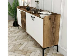 Dmora Móvel De Tv*Armário de TV Dilici, Aparador de sala, Armário de TV baixo, Base de parede equipada, 180x35 h78 cm, Nogueira e Branco Castanho / Branco