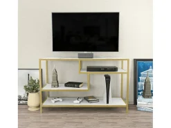 Armário de TV Dplizzar, Aparador de sala, ArmárioBaixo para TV, Base de parede equipada, 120x39h75 cm, Ouro e Branco^Dmora Discount