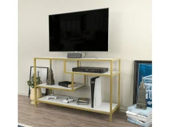 Armário de TV Dplizzar, Aparador de sala, ArmárioBaixo para TV, Base de parede equipada, 120x39h75 cm, Ouro e Branco^Dmora Discount