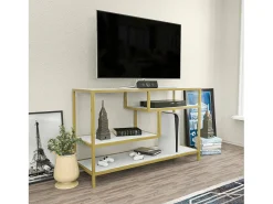 Armário de TV Dplizzar, Aparador de sala, ArmárioBaixo para TV, Base de parede equipada, 120x39h75 cm, Ouro e Branco^Dmora Discount