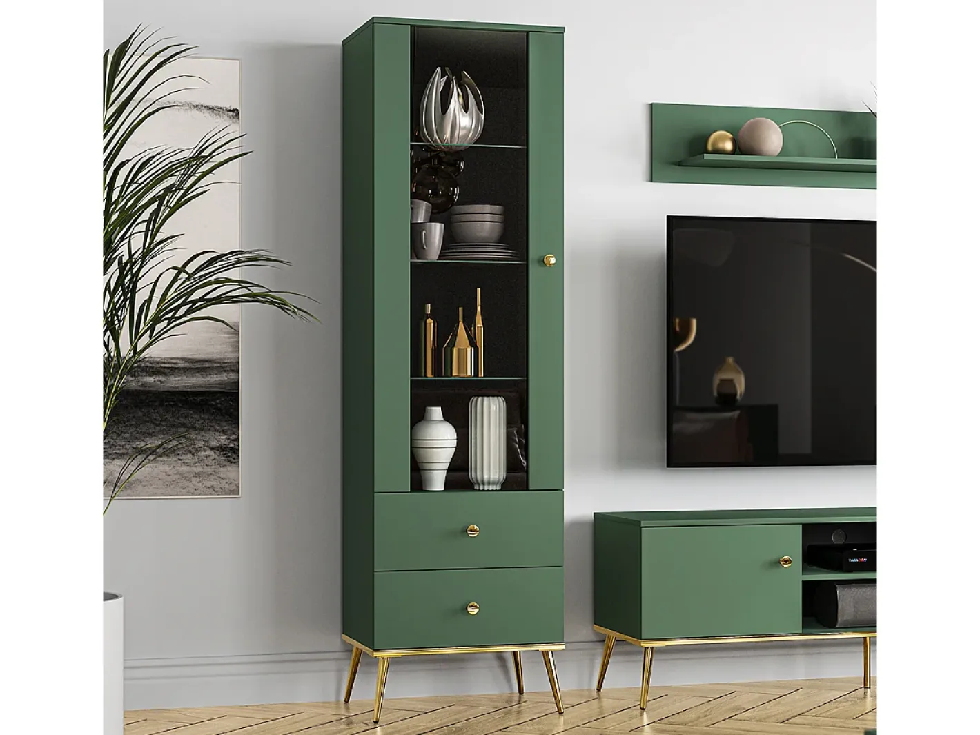 Petits-Meubles Vitrina*Armário expositor de 1 porta e 2 gavetas Thalia Green Verde