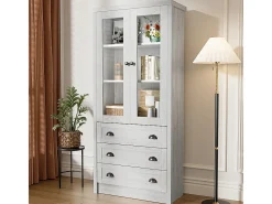 Armário expositor moderno 80x34x171 cm - Exterior em madeira, portas de vidro, 3 gavetas e puxadores em latão^KOMHTOM Sale
