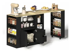 Armário giratório para bar - 115 x 50 x 92 cm - com prateleiras + 2 gavetas + mesa extensível - MDF - + natural*Merax Sale