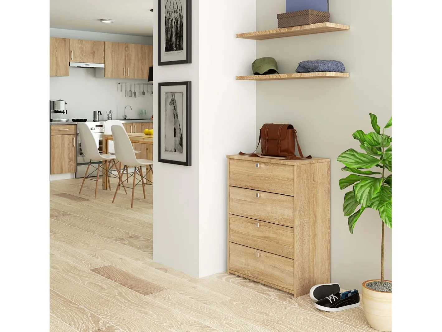 Akord Móvel De Arrumação|Sapateira*Armário para Calçados com 4 Portas Rebatíveis 60cm - Carvalho Sonoma Natural claro