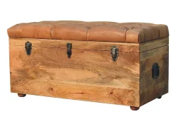Acessórios De Arrumação*Artisan Furniture Madeira maciça Baú de Armazenamento em Couro de Búfalo e Tom de Carvalho Castanho