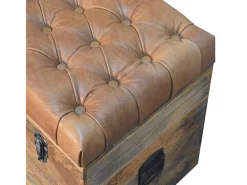 Acessórios De Arrumação*Artisan Furniture Madeira maciça Baú de Armazenamento em Couro de Búfalo e Tom de Carvalho Castanho