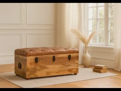 Acessórios De Arrumação*Artisan Furniture Madeira maciça Baú de Armazenamento em Couro de Búfalo e Tom de Carvalho Castanho