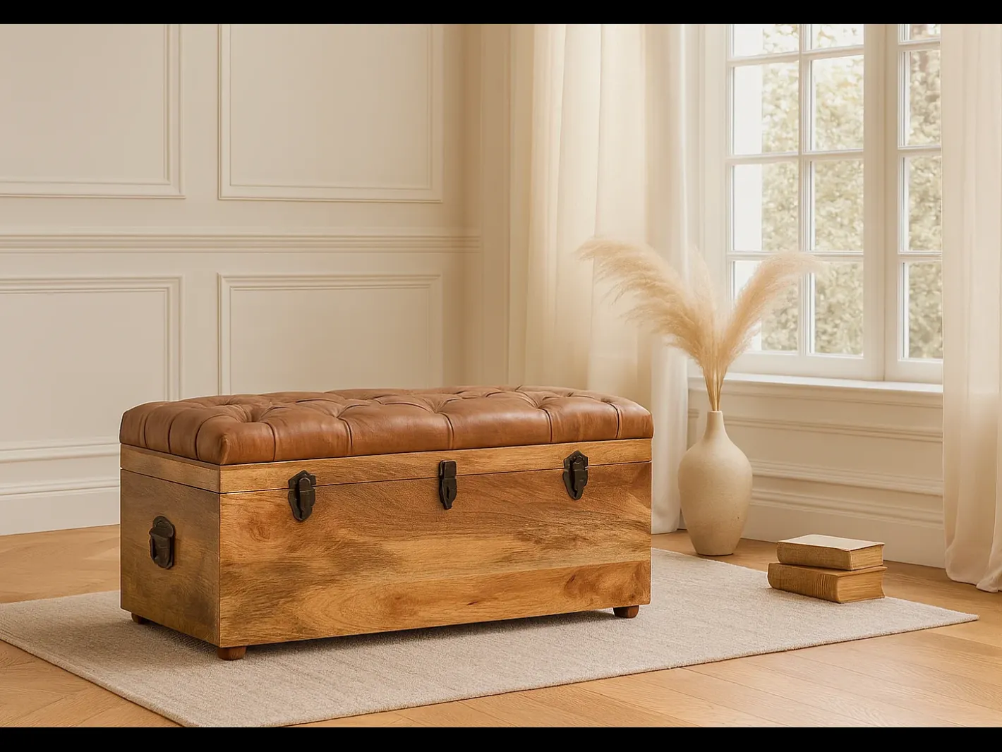 Acessórios De Arrumação*Artisan Furniture Madeira maciça Baú de Armazenamento em Couro de Búfalo e Tom de Carvalho Castanho