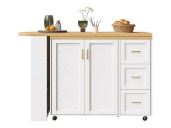 Balcão de cozinha extensível com rodízios - 135-228 x 39 x 104 cm - com 2 portas + 3 gavetas - MDF + metal -^Merax