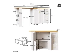 Balcão de cozinha extensível com rodízios - 135-228 x 39 x 104 cm - com 2 portas + 3 gavetas - MDF + metal -^Merax