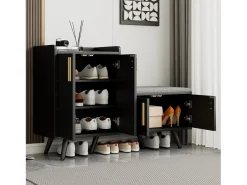 Banco de sapatos moderno com 4 portas e almofada - pernas e puxadores de metal - cor preta - 120 x 34 x 82 cm^Merax Online