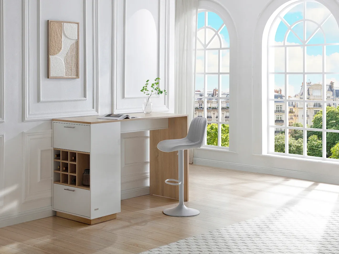 Bar com espaço para armazenamento - Branco e natural - ANOSKI*Vente-unique Online