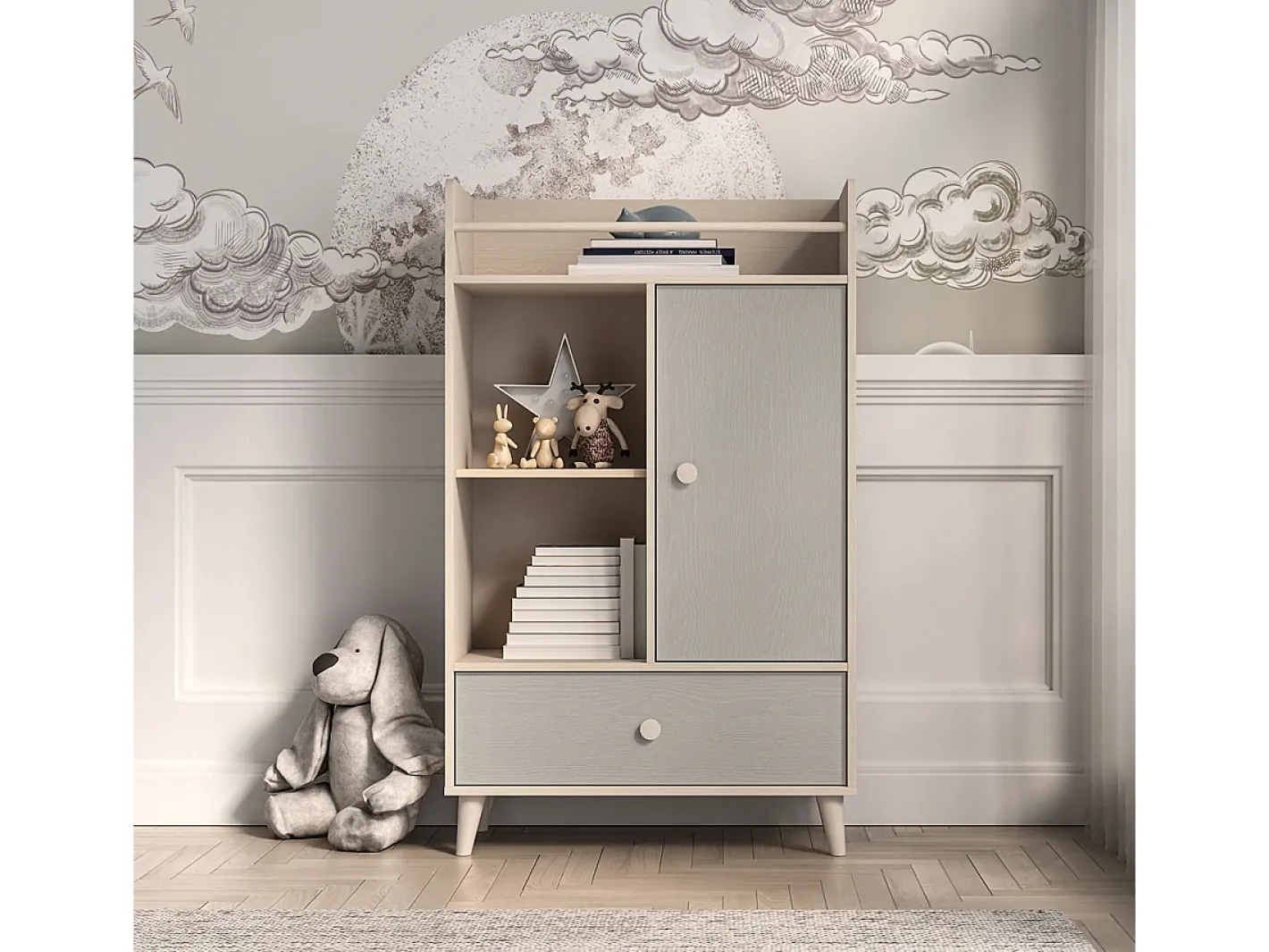 Biblioteca 1 porta 1 gaveta Alycia - cinzento - efeito madeira 132cm^Petits-Meubles Online