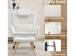 Cadeira de balanço com apoio para os pés - 73 x 92 x 102 cm - Apoios de braços e apoio de cabeça - Tecido de veludo Teddy -*Merax