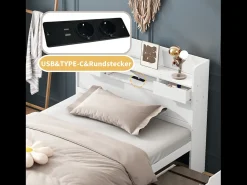 Cama 90 x 200 cm com 5 gavetas, porta USB e compartimentos de armazenamento - madeira de pinho - cor branca^Merax Online