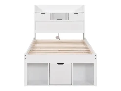 Cama 90 x 200 cm com 5 gavetas, porta USB e compartimentos de armazenamento - madeira de pinho - cor branca^Merax Online