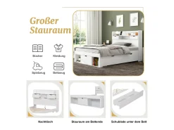 Cama 90 x 200 cm com 5 gavetas, porta USB e compartimentos de armazenamento - madeira de pinho - cor branca^Merax Online