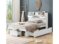Cama 90 x 200 cm com 5 gavetas, porta USB e compartimentos de armazenamento - madeira de pinho - cor branca^Merax Online