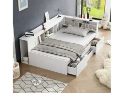 Cama infantil 90 x 200 cm com 4 gavetas, estante e módulo de arrumação - madeira MDF - cor branca^Merax Clearance