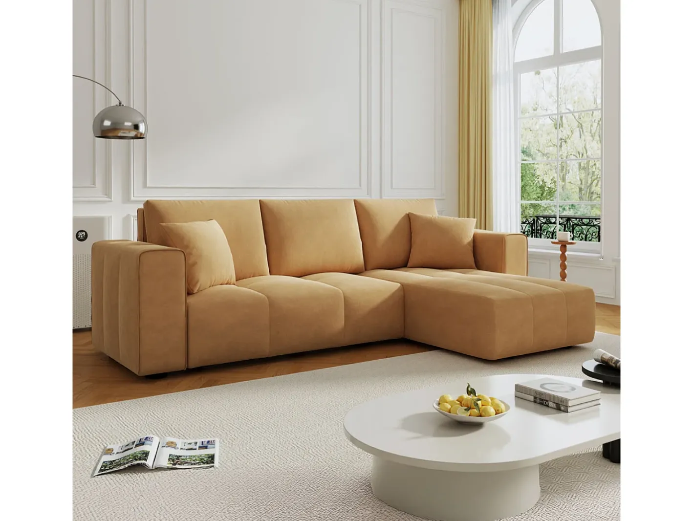 Canapé de canto conversível de 4 lugares em veludo BRIGHTON com baú e braços removíveis*Concept-Usine New