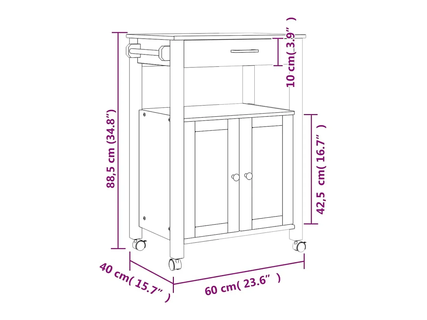 vidaxl Móvel De Arrumação*Carrinho de cozinha MONZA 60x40x88,5 cm madeira de pinho maciça Cinzento