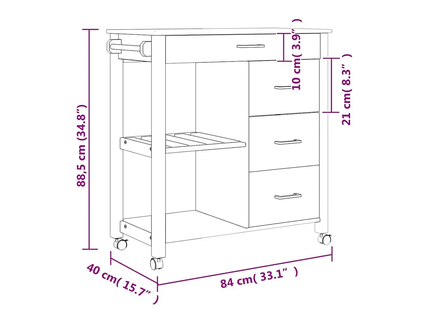 vidaxl Móvel De Arrumação*Carrinho de cozinha MONZA 84x40x88,5 cm madeira de pinho maciça Cinzento