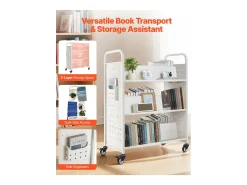 Acessórios De Arrumação*Carrinho de Livros SucceBuy, Capacidade de Carga 150 kg, Carrinho de Biblioteca, 97x51,5x122,5 cm, Prateleira de Armazenamento de Livros Dupla Face, para Sala Branco