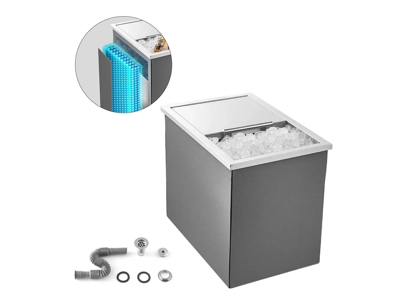 Cofre Térmico de Encastrar em Aço Inoxidável SucceBuy, 45,5 x 30,5 x 38,5 cm, Caixa de Gelo de 27,1 L, Recipiente Comercial para Armazenamento Exterior para Vinho^