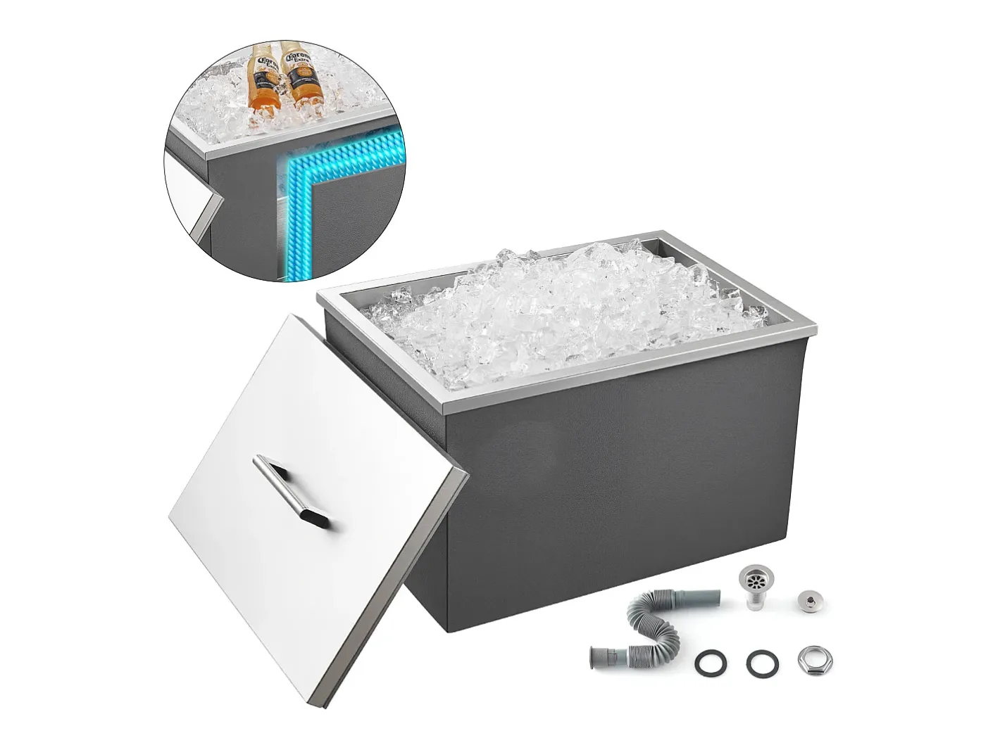 Acessório Vinho E Bar*Cofre Térmico de Encastrar em Aço Inoxidável SucceBuy, 50,8 x 35,5 x 30,6 cm, Caixa de Gelo Comercial para Exterior de 30 L para Vinho e Cerveja Gelados Prateado