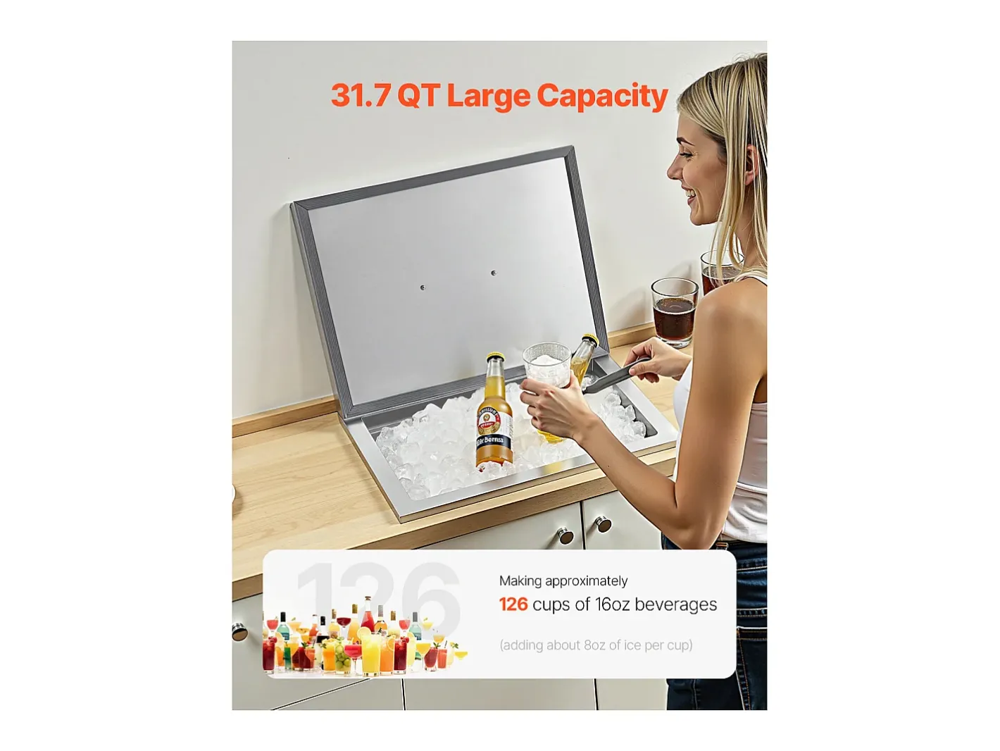 Acessório Vinho E Bar*Cofre Térmico de Encastrar em Aço Inoxidável SucceBuy, 50,8 x 35,5 x 30,6 cm, Caixa de Gelo Comercial para Exterior de 30 L para Vinho e Cerveja Gelados Prateado