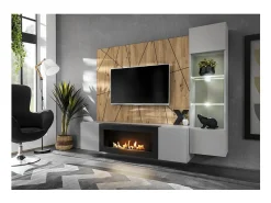 Composição de parede IXAR geométrica – Móvel de TV, vitrine suspensa, painéis de parede e lareira a bioetanol*Price Factory Outlet