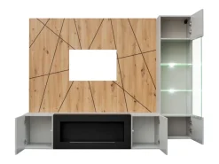 Composição de parede IXAR geométrica – Móvel de TV, vitrine suspensa, painéis de parede e lareira a bioetanol*Price Factory Outlet