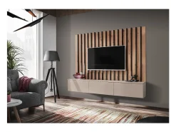 Composição de parede TASHYA – Móvel para TV e painel de parede – Carvalho Artesão e branco areia^Price Factory