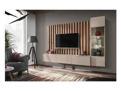 Composição mural TASHYA – Móvel para TV, vitrine suspensa e painel mural – Carvalho Artesão e branco areia^Price Factory Sale