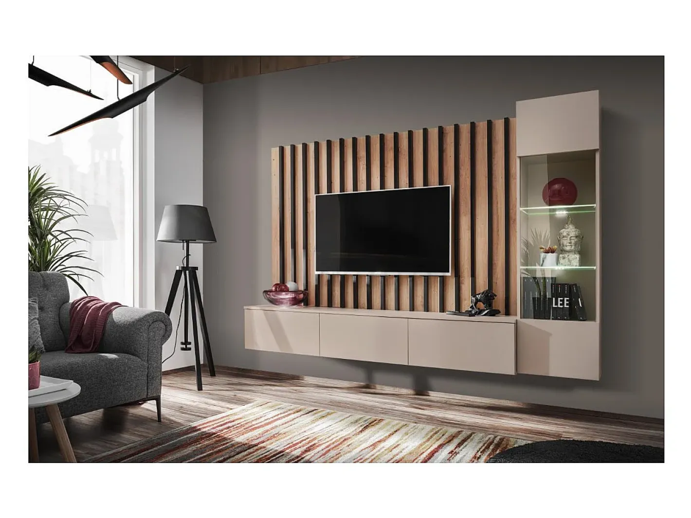 Composição mural TASHYA – Móvel para TV, vitrine suspensa e painel mural – Carvalho Artesão e branco areia^Price Factory Sale