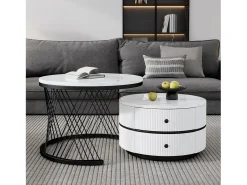 Clearance Conjunto de 2 mesas de centro redondas encaixáveis com 2 gavetas - 60x60x46cm + 50x50x30,8cm - Padrão mármore - Madeira MDF e metal - Branco + preto Mesa De Centro