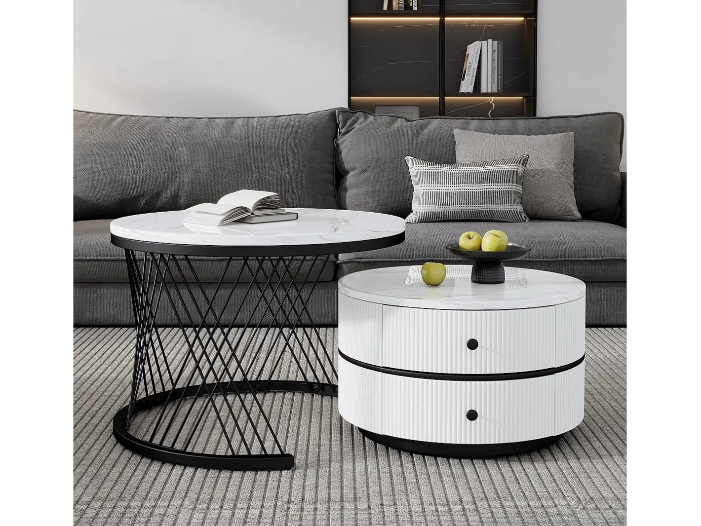 Clearance Conjunto de 2 mesas de centro redondas encaixáveis com 2 gavetas - 60x60x46cm + 50x50x30,8cm - Padrão mármore - Madeira MDF e metal - Branco + preto Mesa De Centro