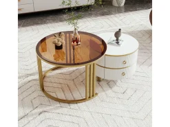 ModernLuxe Mesa De Centro*Conjunto de 2 mesas de centro encastráveis ​​com 2 gavetas - Tampo em vidro temperado castanho - Branco Castanho / Branco