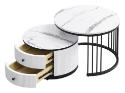 Clearance Conjunto de 2 mesas de encastrar - 2 gavetas - tampo em mármore - Branco e Preto Mesa De Centro