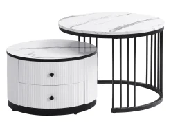 Clearance Conjunto de 2 mesas de encastrar - 2 gavetas - tampo em mármore - Branco e Preto Mesa De Centro
