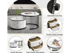 Clearance Conjunto de 2 mesas de encastrar - 2 gavetas - tampo em mármore - Branco e Preto Mesa De Centro