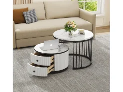 Clearance Conjunto de 2 mesas de encastrar - 2 gavetas - tampo em mármore - Branco e Preto Mesa De Centro