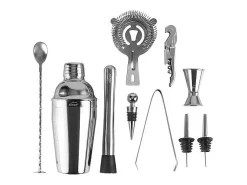 Acessório Vinho E Bar*Conjunto de Cocktail 10 peças inox 18/10 com suporte de bambu natural - Shaker, colher, pilão, doseador, pinça para gelo Prateado