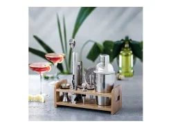 Acessório Vinho E Bar*Conjunto de Cocktail 10 peças inox 18/10 com suporte de bambu natural - Shaker, colher, pilão, doseador, pinça para gelo Prateado