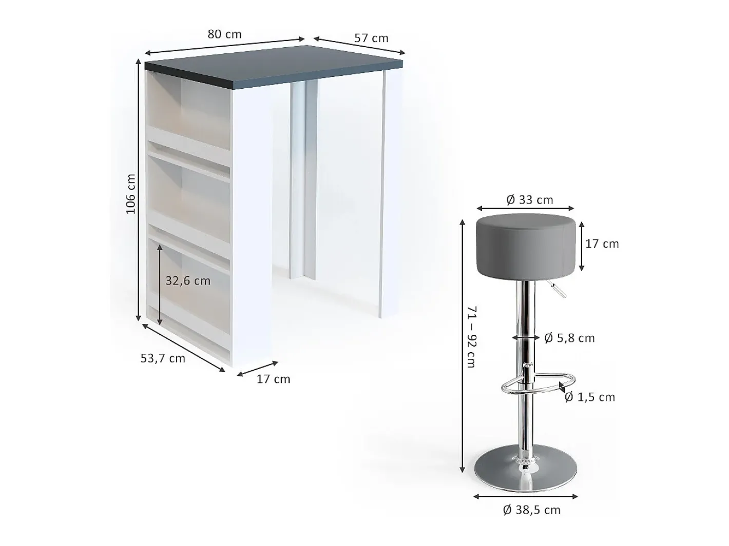 Vicco Móvel De Bar*Conjunto de mesa de bar antracite/branco 57x80x106 Cinza antracite