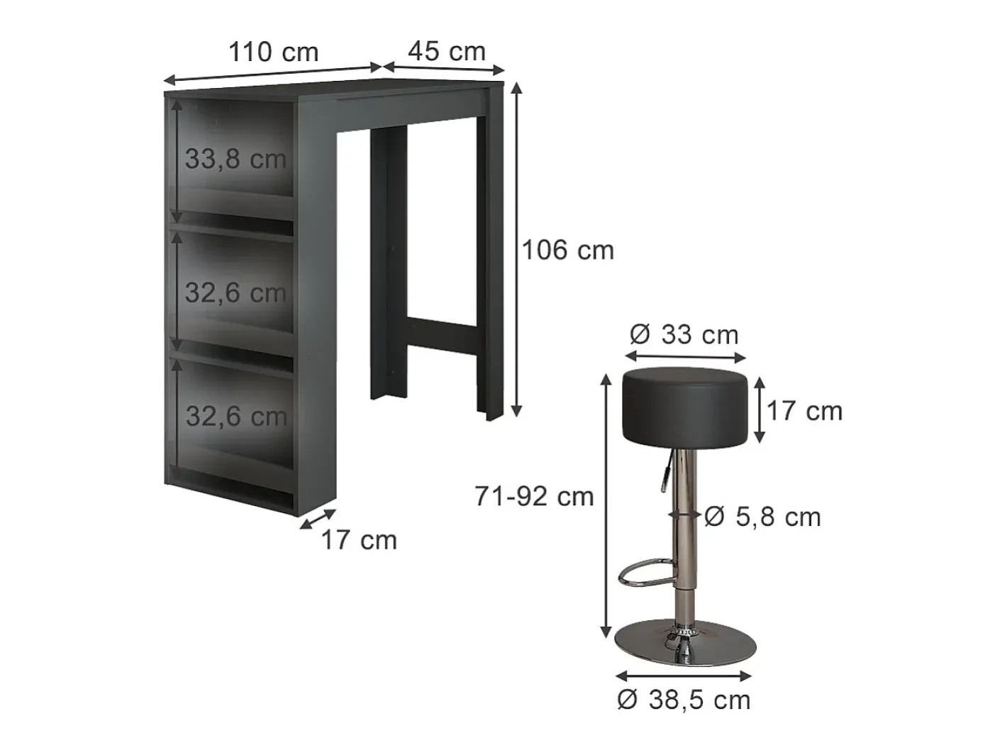Vicco Móvel De Bar*Conjunto de mesa de bar antracite 45x110x106 repose Cinza antracite